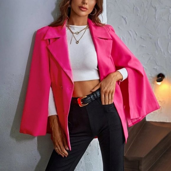 Chic Pink Cloak Sleeve Double Breasted Cape Blazer business - Picture 5 of 6